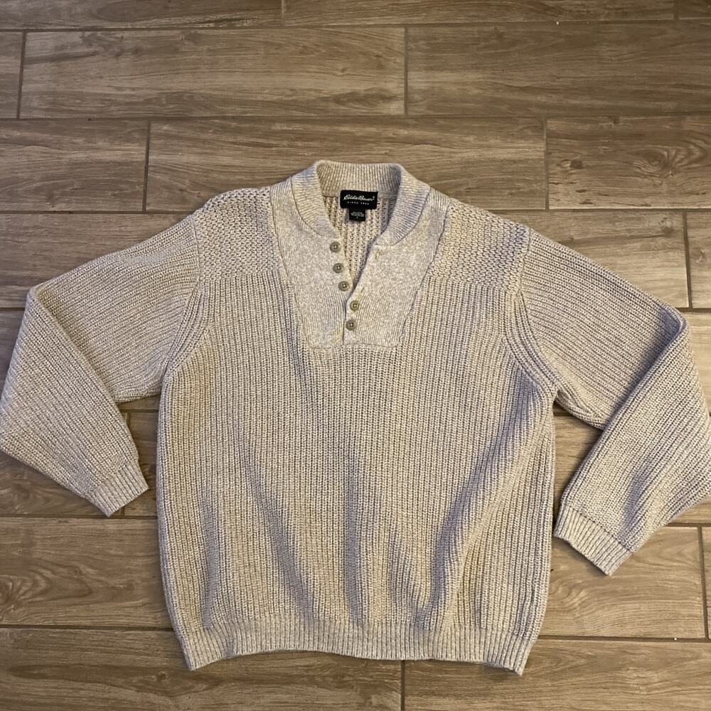 Vintage Eddie Bauer Sweater Mens Large Beige Cotton Henley Knit Pullover